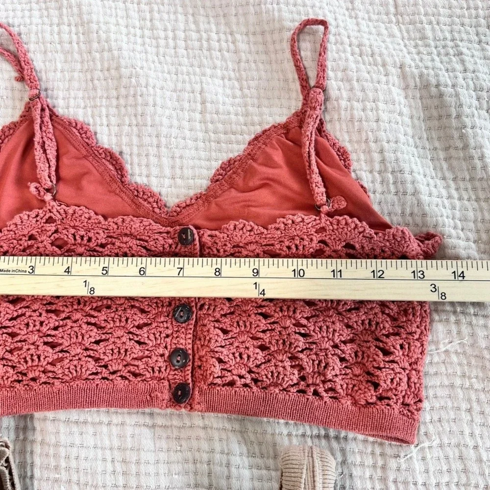 Crochet Cami Ribbed Crop Tank Top Bundle of 2 Womens M Rose Tan Beach Festival - Picture 8 of 13